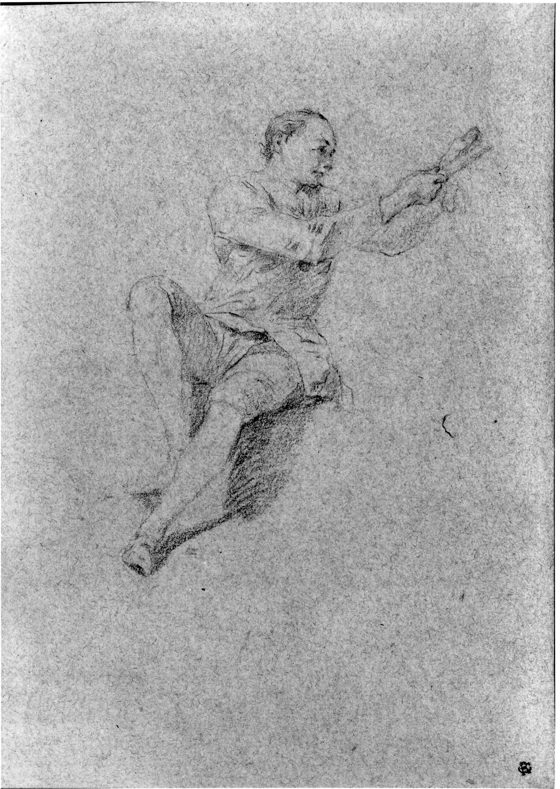 12. Michel Barthélemy Ollivier, Seated Male Figure, 19.2 x 13.2 cm, red and black chalk on blue paper. San Francisco Museums of Fine Arts, George de Batz collection.